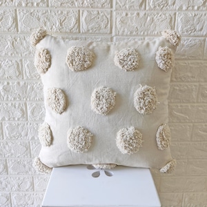 Off White Natural White Ivory Cream Embroidered Tufted 100% Cotton 18x18 , 20x20 , 22x22 , 24x24 Inches Boho Decorative Throw Pillow Cover