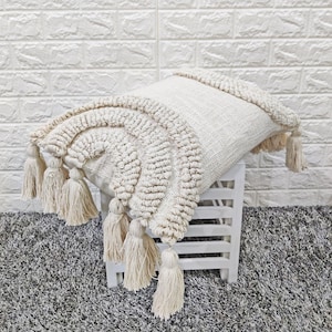 Natural White Ivory Cotton Embroidered Tufted Boho Textured 12x18, 12x20, 14x20 Pillow Cover Decorative 12 Tassels Pillow Case