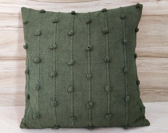 Dark Olive Hand Loom Woven Chunky Loops Natural Cotton Hand Dyed Pillow Cover Boho Textured Cushion Cover
