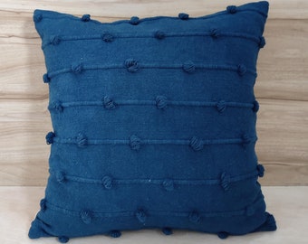 Blue Hand Loom Woven Chunky Loops Natural Cotton Hand Dyed Pillow Cover Boho Textured Cushion Cover