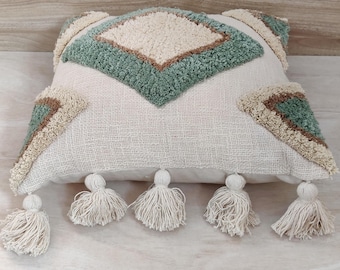 Sage Green & Beige Ivory Multi Color Cotton Hand Embroidered Tufted 18x18 20x20 Decorative Cushion Cover Boho Textured Throw Pillow Case