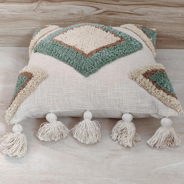 Sage Green & Beige Ivory Multi Color Cotton Hand Embroidered Tufted 18x18 20x20 Decorative Cushion Cover Boho Textured Throw Pillow Case