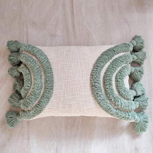 Ivory & Sage Green Boho Textured 100% Cotton Throw Pillow Case Embroidered Tufted 14x20 Cushion Cover Decorative Handmade Pillow Cover