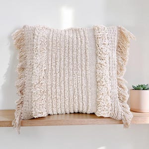 Cream Boho Textured Throw Pillow Cover | Handwoven Macrame Fringe Cushion | Neutral Bohemian Decor | Heavy Cotton Shag Pillowcase for Sofa