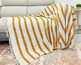 Cotton Handwoven Natural & Mustard Yellow Throw Blanket | Fringed Rustic Farmhouse Sofa Cover | Tasseled Striped Home Decor Throws