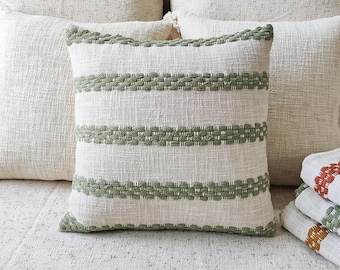 Sage Green & Cream Ivory Hand Loom Woven Chunky Loops Natural Cotton Hand Dyed Pillow Cover Boho Textured Pillow Case Cushion Cover
