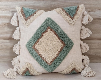 Sage Green & Beige Ivory Multi Color Cotton Hand Embroidered Tufted 18x18 20x20 Decorative Cushion Cover Boho Textured Throw Pillow Case