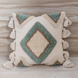 Sage Green & Beige Ivory Multi Color Cotton Hand Embroidered Tufted 18x18 20x20 Decorative Cushion Cover Boho Textured Throw Pillow Case