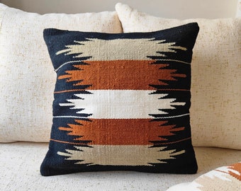 Rust Black Cream Wool Cotton Kilim Hand Loom Woven 18x18, 20x20 Inches Boho Throw Pillow Case Decorative Cushion Cover