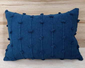 Blue Hand Loom Woven Chunky Loops Natural Cotton Hand Dyed Pillow Cover Boho Textured Cushion Cover