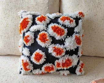 Orange Cream and Black Cotton Fabric Embroidered Tufted Textured Boho Pillow Cover 16x16, 18x18, 20x20 Cushion Cover Boho Throw Pillow Case