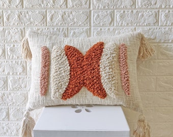 Rust Orange Blush Pink & Ivory 100% Raw Cotton Fabric Pillow Cover Embroidered Tufted Textured Boho Lumber Pillow Case 14x20 Cushion Cover