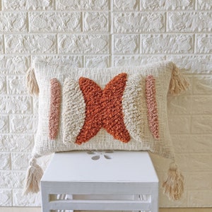 Embroidered Tufted Cotton Lumbar Pillow Case: Rust Orange Boho (12x20/14x20) Cushion Cover