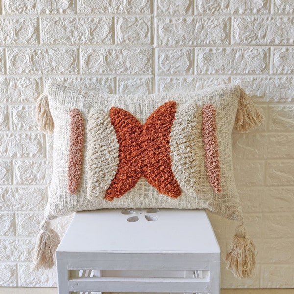 Rust Orange Blush Pink & Ivory 100% Raw Cotton Fabric Pillow Cover Embroidered Tufted Textured Boho Lumber Pillow Case 14x20 Cushion Cover