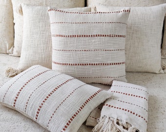 Terracotta Red & Ivory Kantha Embroidered Natural Cotton Pillow Cover Boho Textured Cushion Cover