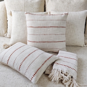 Terracotta Red & Ivory Kantha Embroidered Natural Cotton Pillow Cover Boho Textured Cushion Cover