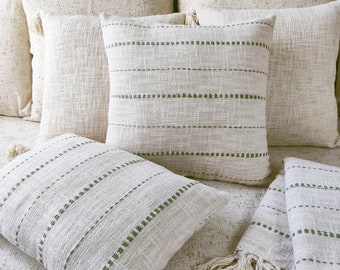 Sage Green & Ivory Kantha Embroidered Natural Cotton Pillow Cover Boho Textured Cushion Cover