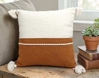 Burnt Orange Ivory Cotton Hand Woven 18x18 , 20x20 Inches Decorative Throw Pillow Cover