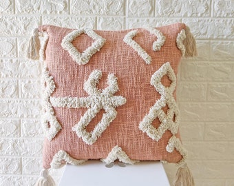 Blush Pink Embroidered Tufted Textured 100% Raw Cotton Hand Dyed 18x18 , 20x20 , 22x22 , 24x24 Inches Decorative Boho Throw Pillow Cover