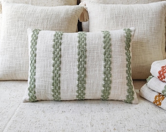 Handmade Sage Green Woven Cotton Throw Pillows: Boho Textured Pillow Cover