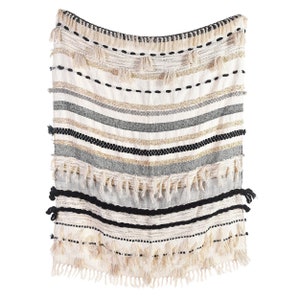 Hand Loom Chunky Woven Cotton & Acrylic Wool Cream White Ivory Black Grey Sofa Throw Blankets Decorative Soft n Cozy Boho Throw Blanket image 2