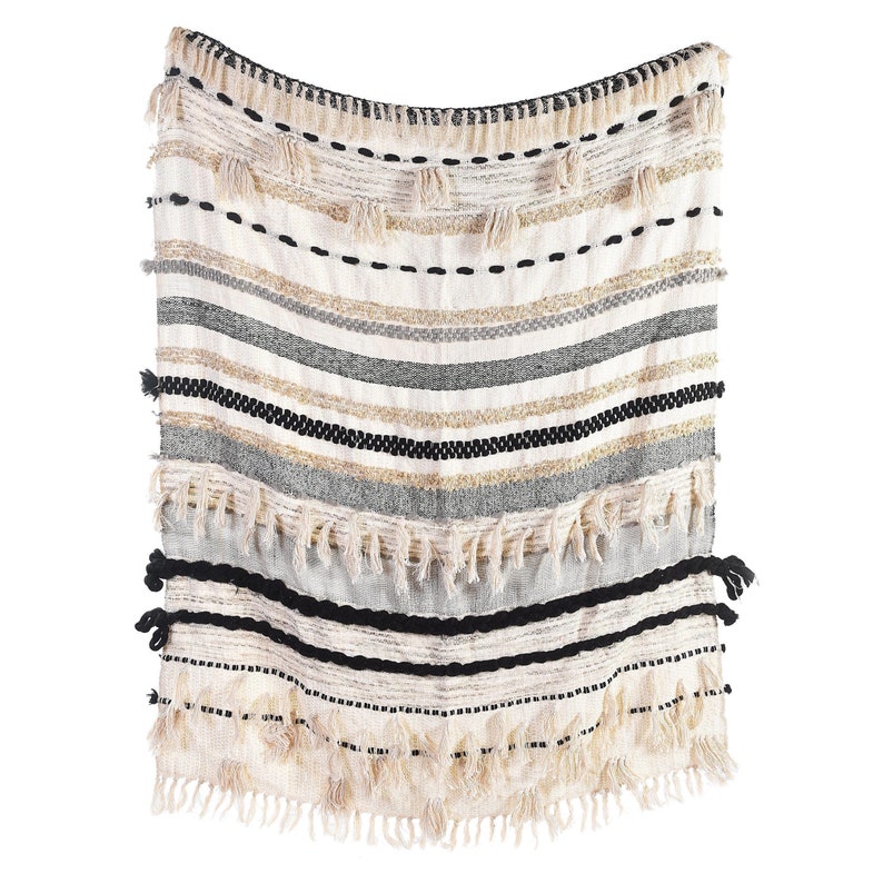 Hand Loom Chunky Woven Cotton & Acrylic Wool Cream White Ivory Black Grey Sofa Throw Blankets Decorative Soft n Cozy Boho Throw Blanket image 2