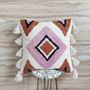 Ochre & Pink Multi Color Hand Woven Tufted 100% Textured Cotton 20x20 Inches Decorative Cushion Cover Handmade Boho Throw Pillow Case