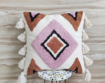 Ochre & Pink Multi Color Hand Woven Tufted 100% Textured Cotton 20x20 Inches Decorative Cushion Cover Handmade Boho Throw Pillow Case