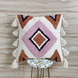 Ochre & Pink Multi Color Hand Woven Tufted 100% Textured Cotton 20x20 Inches Decorative Cushion Cover Handmade Boho Throw Pillow Case image 4