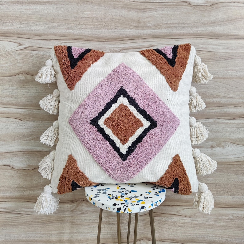 Ochre & Pink Multi Color Hand Woven Tufted 100% Textured Cotton 20x20 Inches Decorative Cushion Cover Handmade Boho Throw Pillow Case image 4