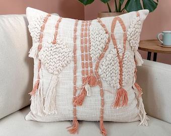 Hand Embroidered Ivory & Blush Pink 18x18 | 20x20 Decorative Cushion Cover Cotton Textured Boho Throw Pillow Case