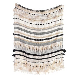 Hand Loom Chunky Woven Cotton & Acrylic Wool Cream White Ivory Black Grey Sofa Throw Blankets Decorative Soft n Cozy Boho Throw Blanket image 1
