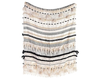 Hand Loom Chunky Woven Cotton & Acrylic Wool Cream White Ivory Black Grey Sofa Throw Blankets Decorative Soft n Cozy Boho Throw Blanket