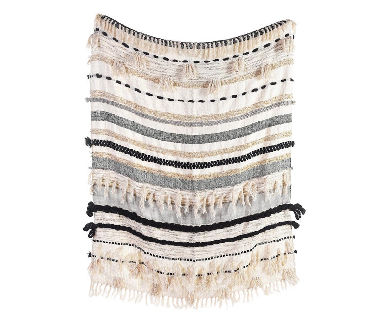 Hand Loom Chunky Woven Cotton & Acrylic Wool Cream White Ivory Black Grey Sofa Throw Blankets Decorative Soft n Cozy Boho Throw Blanket image 1