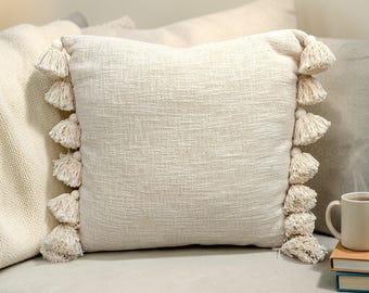 Cream Ivory Off White Cotton Tassel Pillow Cover | Handloom Boho Textured Throw Pillow Case