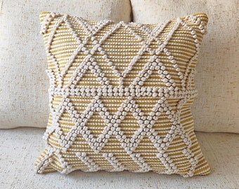 Off White/Cream Cotton Hand Loom Woven 20x20 Inches Boho Throw Pillow Case Decorative Cushion Cover