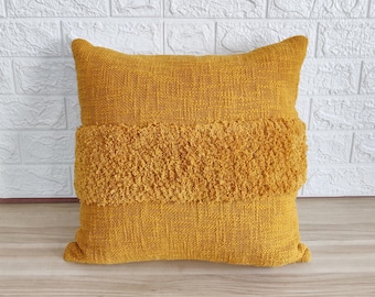 Mustard Yellow 100% Raw Cotton Fabric Embroidered Tufted Textured Boho Pillow Case 16x16, 18x18, 20x20 Cushion Cover Handmade Pillows