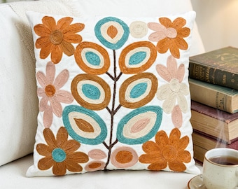 Hand Embroidered Cotton Pillow Cover, Boho Floral Cushion, Zipper Closure (18x18 Inch)