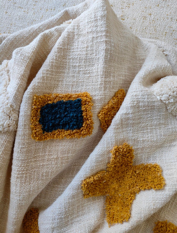 Cotton Tufted Textured Throw Blanket Beige/Ivory Mustard Boho Bedding  Throw Blanket