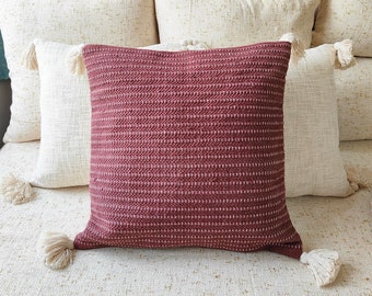 Brown Ivory Boho Throw Pillow Case With Tassels Hand Dyed Textured Cotton Handloom Woven 20x20 Inches Decorative Cushion Cover