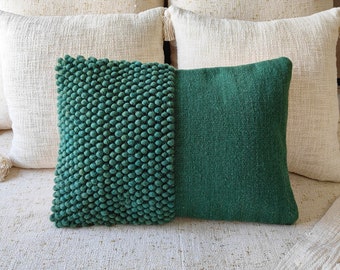 Dark Green Hand Loom Woven Cotton Wool Chunky Loops Hand Dyed Pillow Cover Boho Textured 14x20, 20x20 Cushion Cover