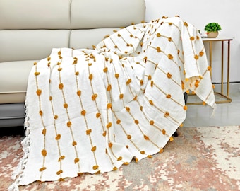 Mustard Yellow & White Hand Woven Cotton Loops Dot Pattern Sofa Cover Throw Blanket | Boho Textured Farmhouse Living Room Bedding Throws