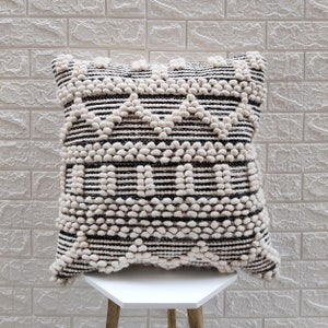 Black & Ivory Chunky Loops Hand Woven Cotton/Wool 20x20 Inches Decorative Throw Pillow Cover Boho Pillow Case