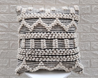 Black & Ivory Chunky Loops Hand Woven Cotton/Wool 20x20 Inches Decorative Throw Pillow Cover Boho Pillow Case
