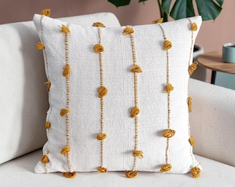 Hand Loom Woven Cotton Throw Pillow Case | White, Mustard Yellow Boho Textured Cushion Cover