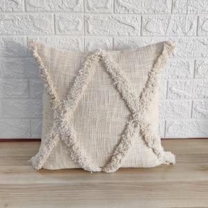 Off White (Ivory) Embroidered Tufted Textured Natural Washed Raw Cotton 18x18 , 20x20 , 22x22 , 24x24 Inches Decorative Throw Pillow Cover