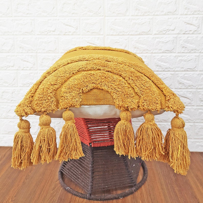 Mustard Yellow Tassel Pillow Cover Boho Textured Pillow ...