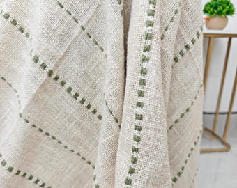 Sage Green Hand Kantha Striped Boho Throw Blanket | Handwoven Cotton Textured Blanket with Tassels | Cozy Farmhouse Sofa Throw