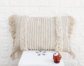 Cream Natural White Ivory Cotton Woven Tufted Textured Fringe Pillow Cover 12x20 & 14x20 Cushion Cover Boho Pillow Case