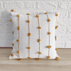 White & Mustard Yellow Hand Loom Woven Chunky Loops Natural Cotton Hand Dyed Pillow Cover Boho Textured Cushion Cover